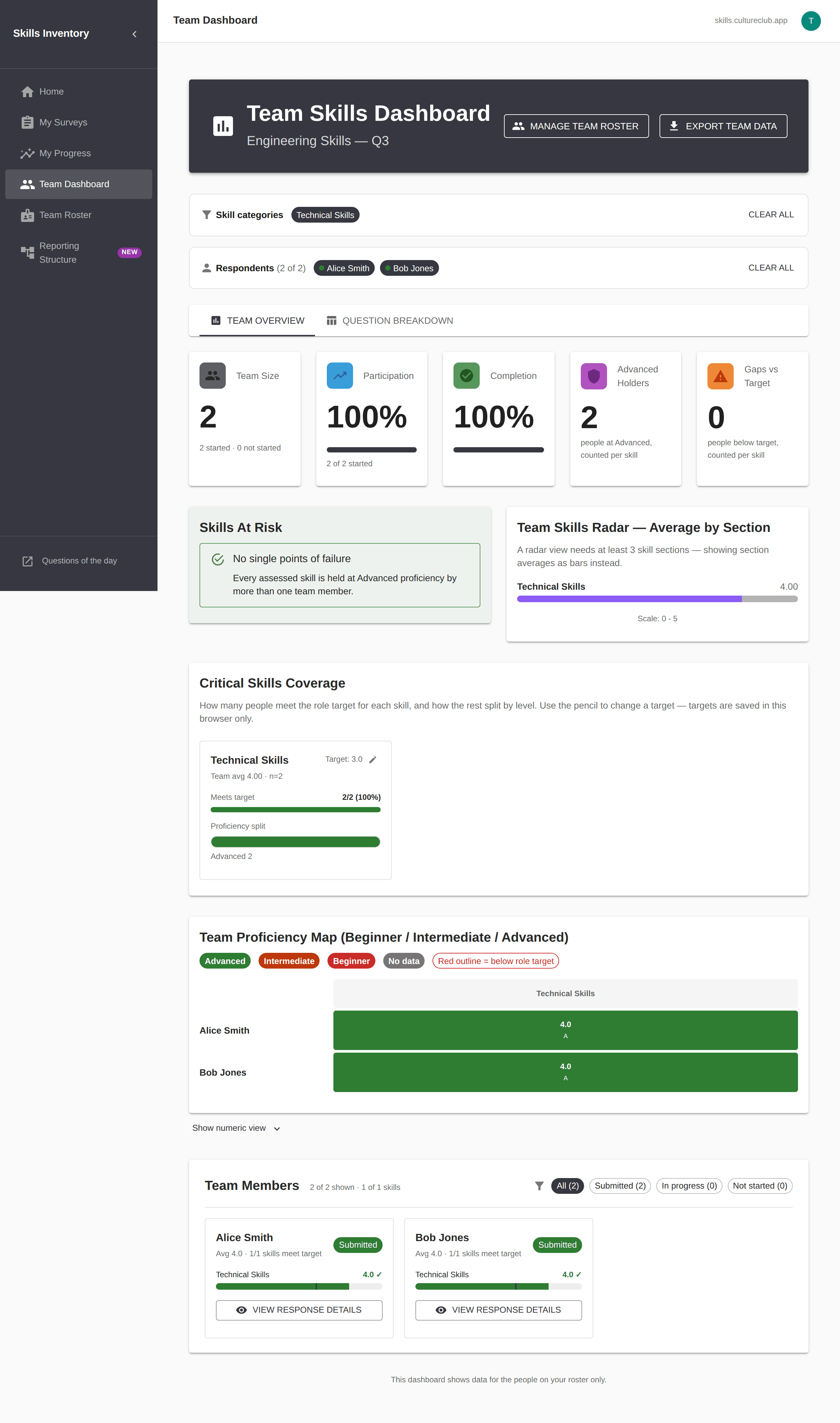Skills Inventory team dashboard for "Engineering Skills — Q3": tiles for team size, participation and completion, advanced holders and gaps versus target; a skills-at-risk panel; critical-skills coverage against a role target; and a proficiency map by team member.