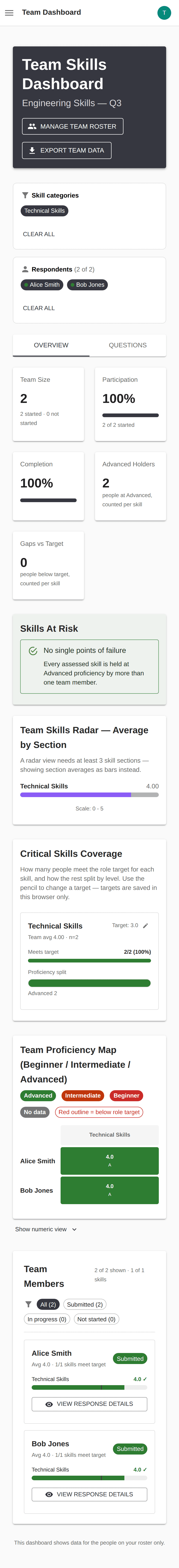 Skills Inventory team dashboard for "Engineering Skills — Q3": tiles for team size, participation and completion, advanced holders and gaps versus target; a skills-at-risk panel; critical-skills coverage against a role target; and a proficiency map by team member.